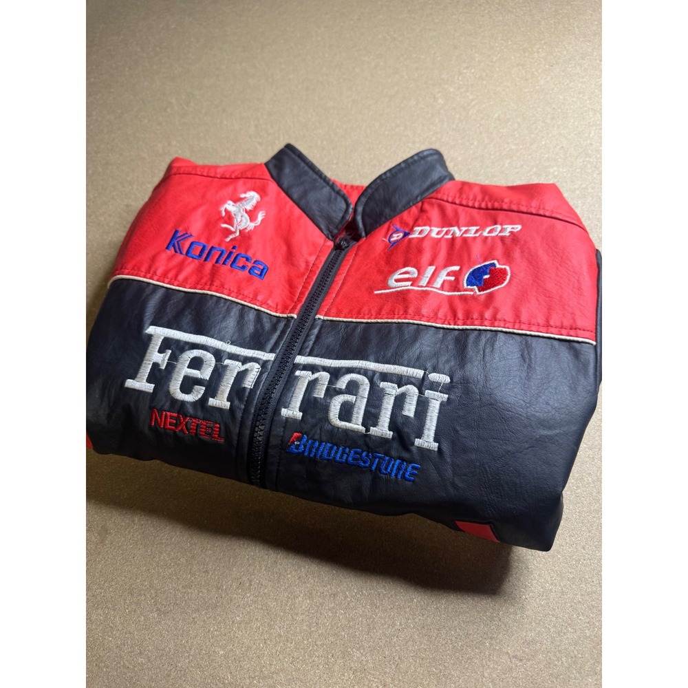 Kids Ferrari Racing Jacket Black Red Faux Leather Embroidered Sponsor Logos